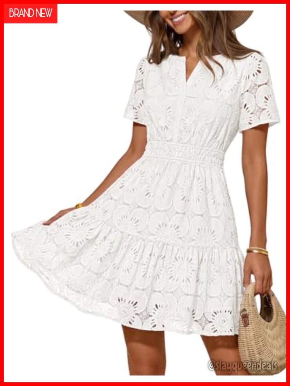Women's Eyelet Lace Boho Dress Puff Sleeve Mini Casual Summer
